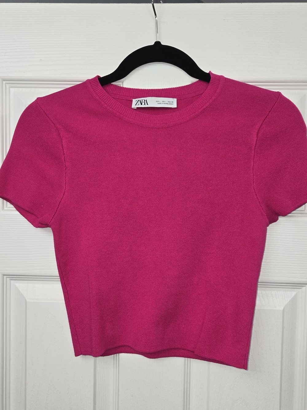 ​Zara Hot Pink Ribbed Short Sleeve Knit Sweater Crop Top Y2K